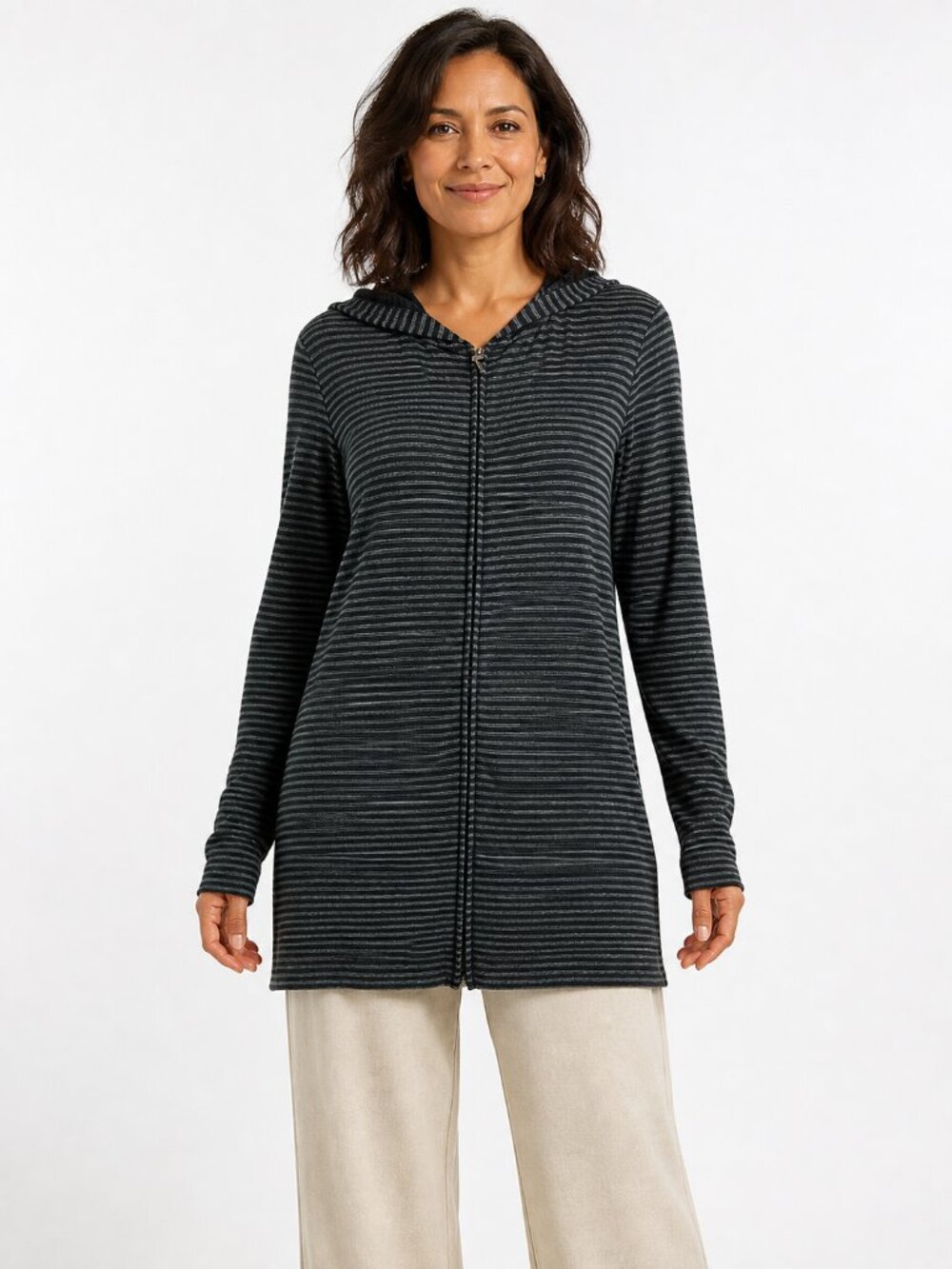 Soma Black Gray Striped Longline Zip Hoodie Size M Lounge Casual Travel